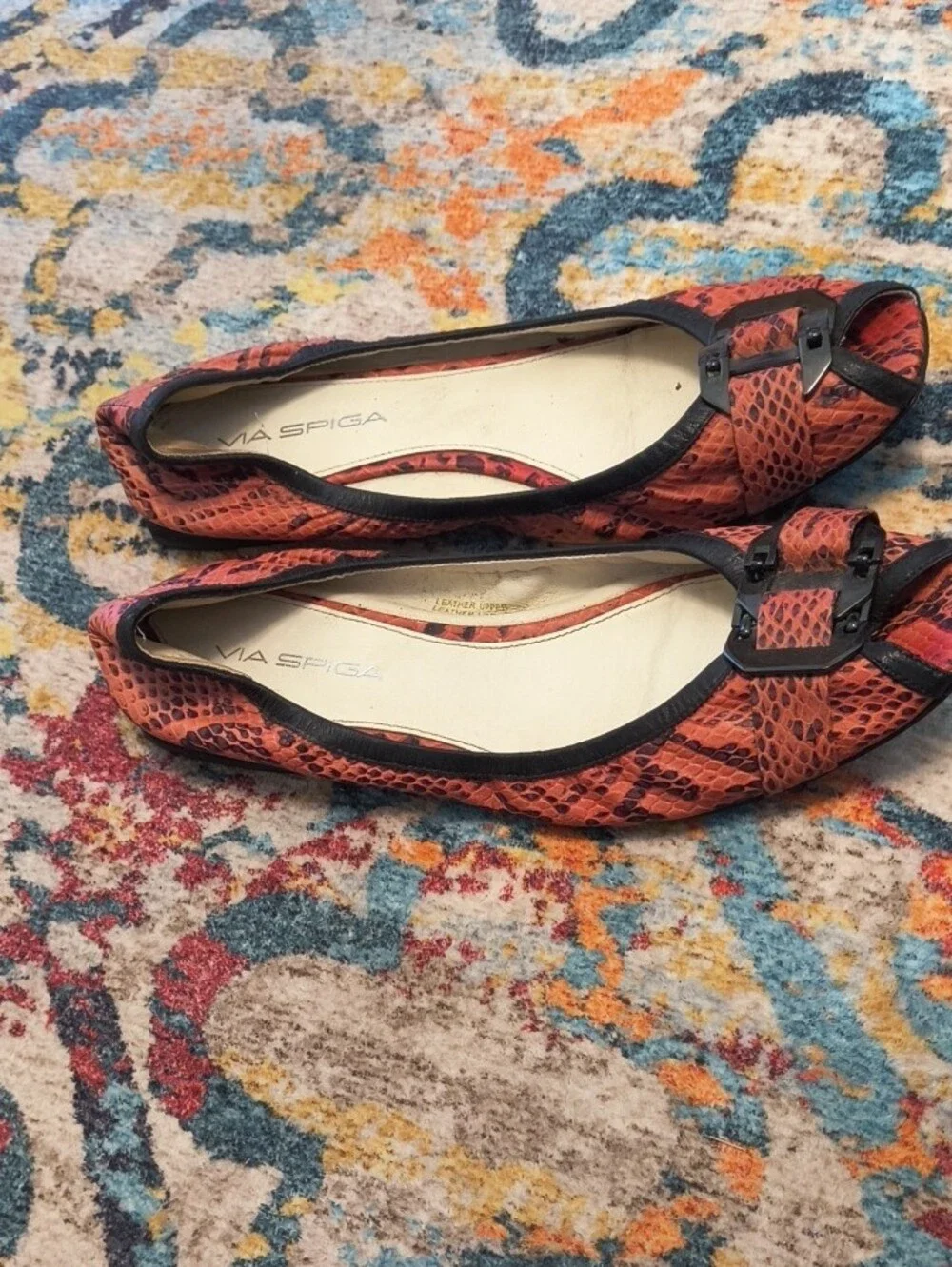 Via Spiga Red Snake-Print Peep-Toe Flats with Buckle 7M